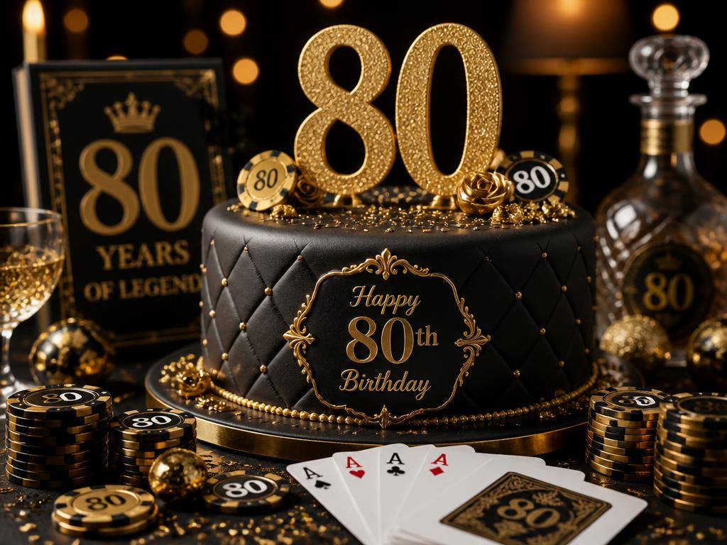 Black and gold 80th birthday cake surrounded by casino chips